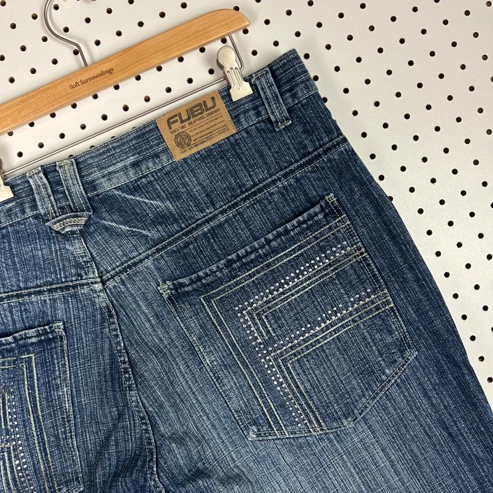 FUBU The Collection Sz 44 Denim Carpenter Shorts Blue Rhinestone Baggy Y2K Work